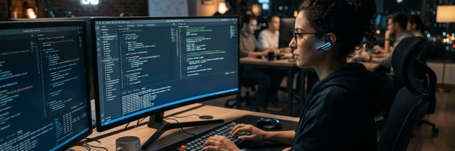 Person coding on dual monitors in an office labeled Neural Networks Lab