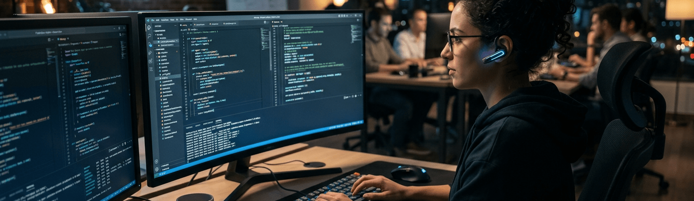 Person coding on dual monitors in an office labeled Neural Networks Lab