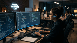 Person coding on dual monitors in an office labeled Neural Networks Lab